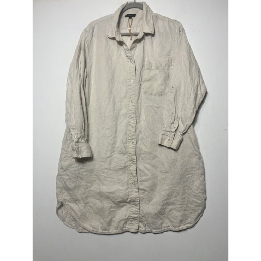 Quince Women Oatmeal Beige 100% European Linen READ Button Down Shirt Dress L